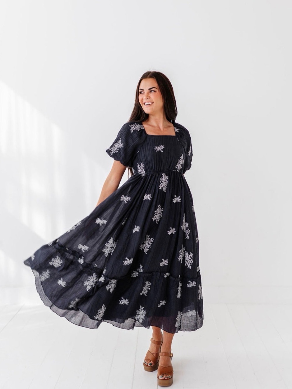 Square Neck Navy Midi Dress with White Floral Embroidery